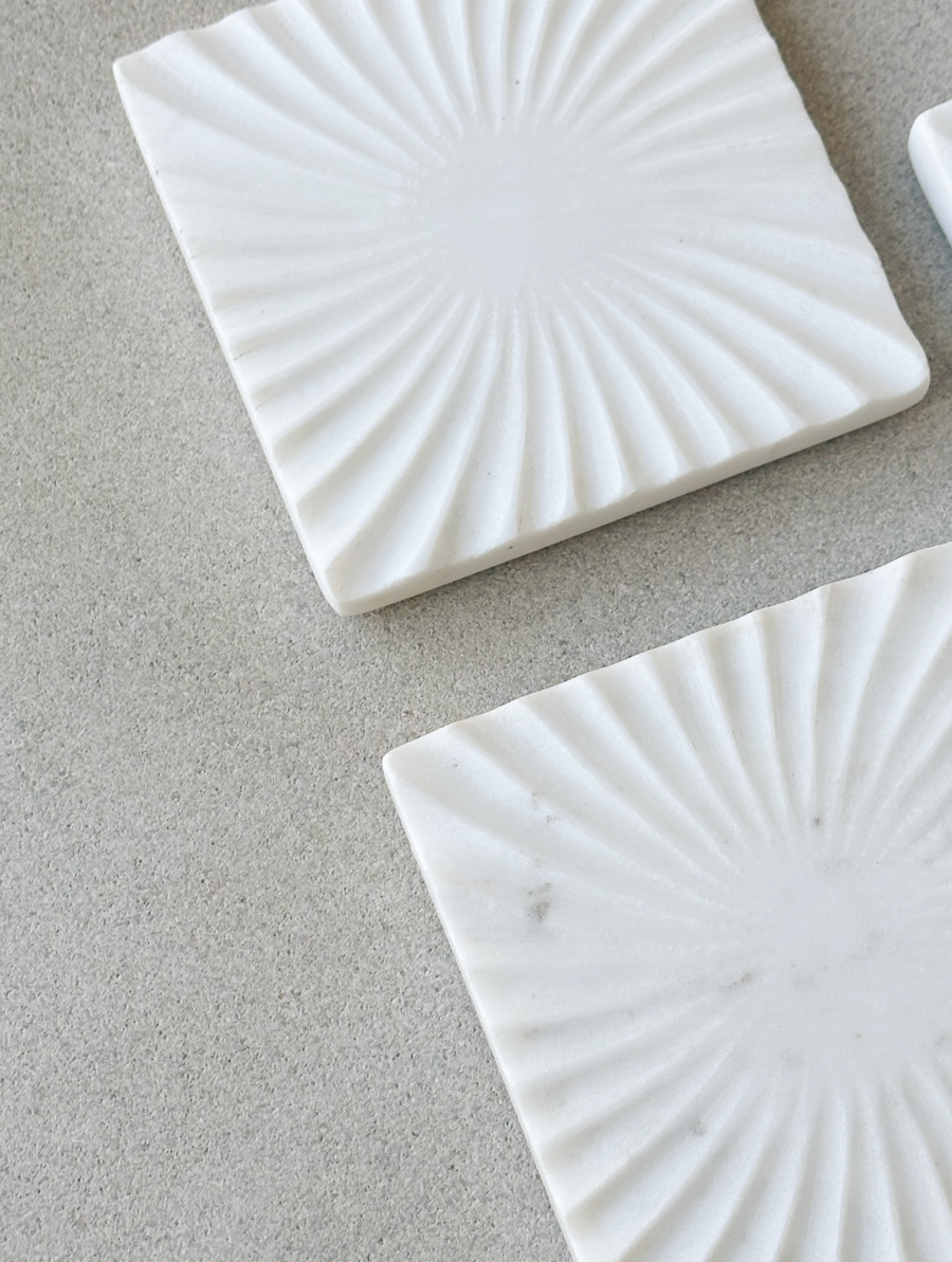 Spiral White Marble Square Coasters, Set of 4