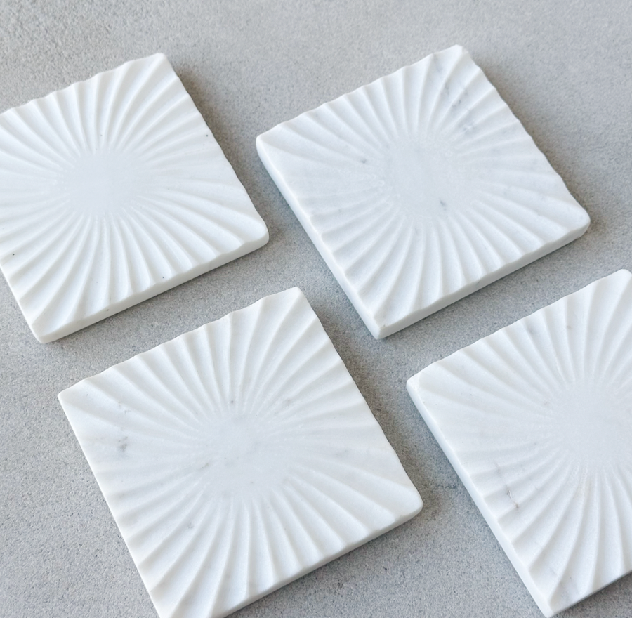 Spiral White Marble Square Coasters, Set of 4