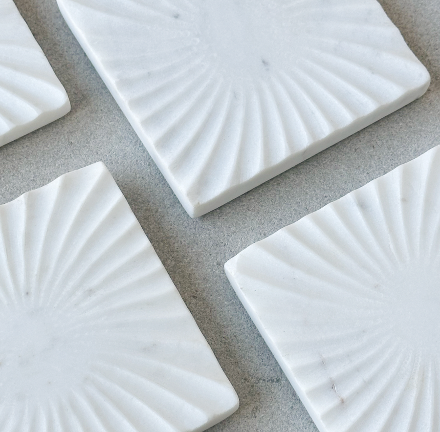 Spiral White Marble Square Coasters, Set of 4