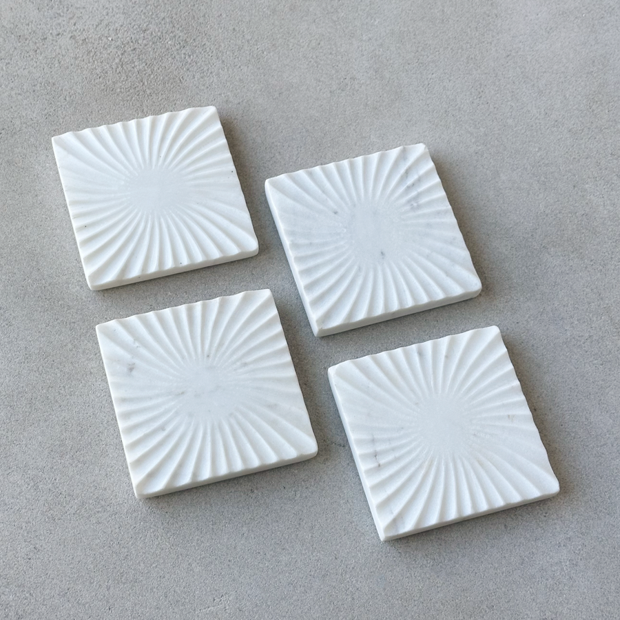 Spiral White Marble Square Coasters, Set of 4