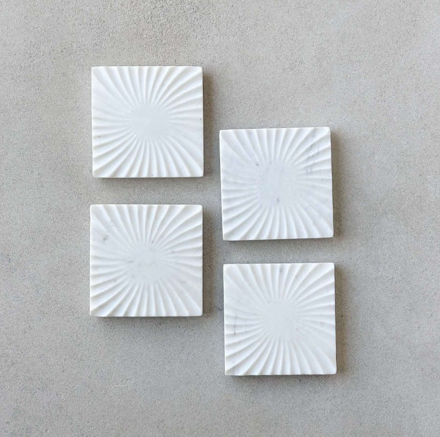 Spiral White Marble Square Coasters, Set of 4