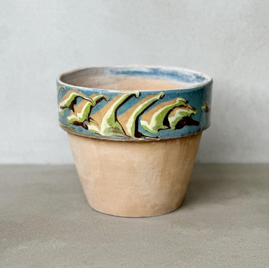 Vintage Marbled Rim Terra Cotta Planter