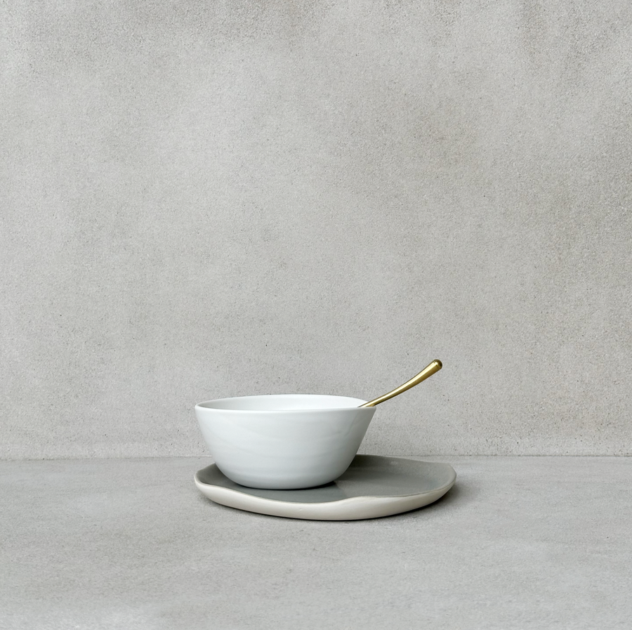 TQD Bowl & Saucer with Indent / Earthstone and White