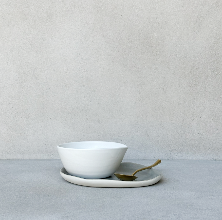 TQD Bowl & Saucer with Indent / Earthstone and White