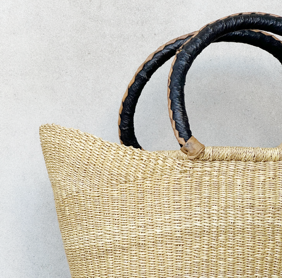 Natural African Market Basket with Black Handle