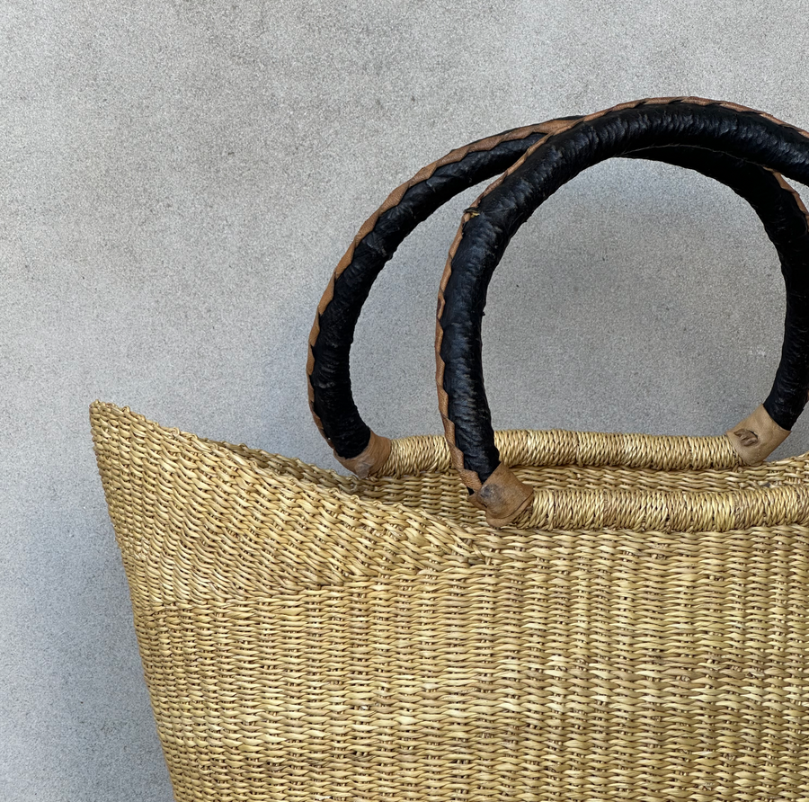 Natural African Market Basket with Black Handle