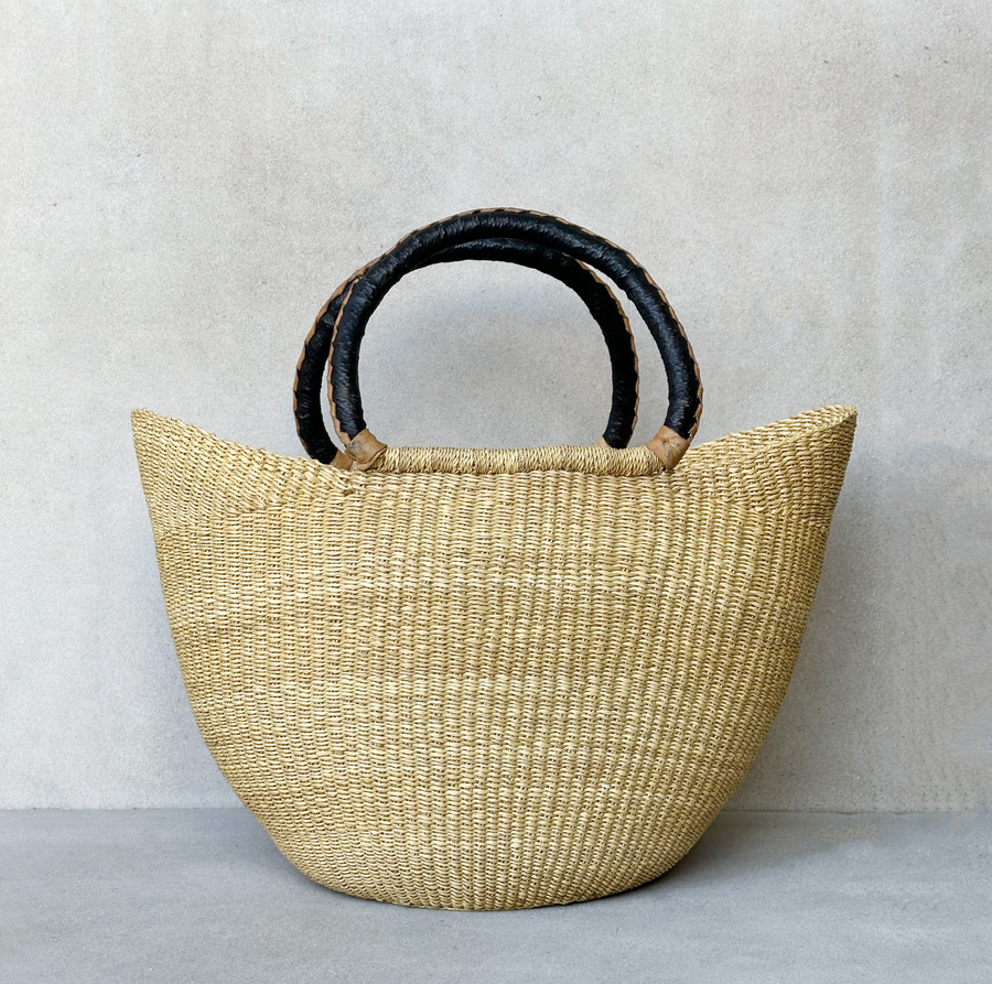 Natural African Market Basket with Black Handle