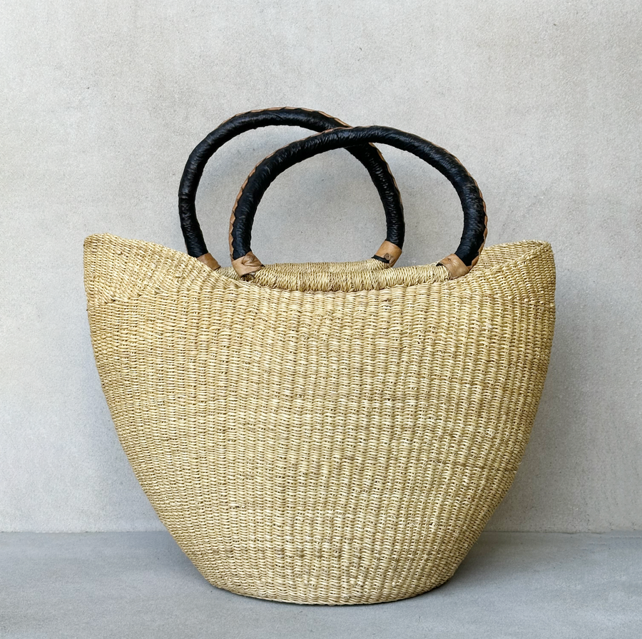 Natural African Market Basket with Black Handle