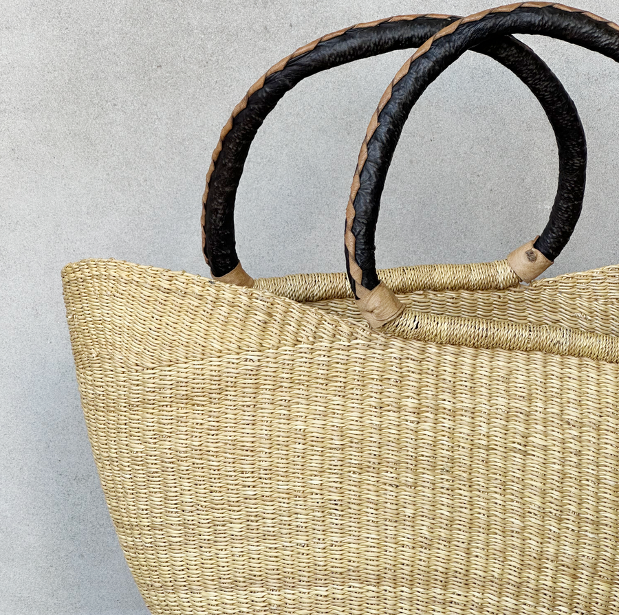 Natural African Market Basket with Black Handle