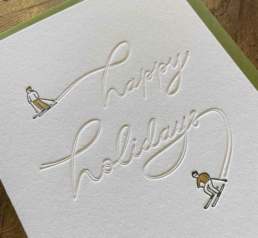 Happy Holidays Skiers Letterpress Card