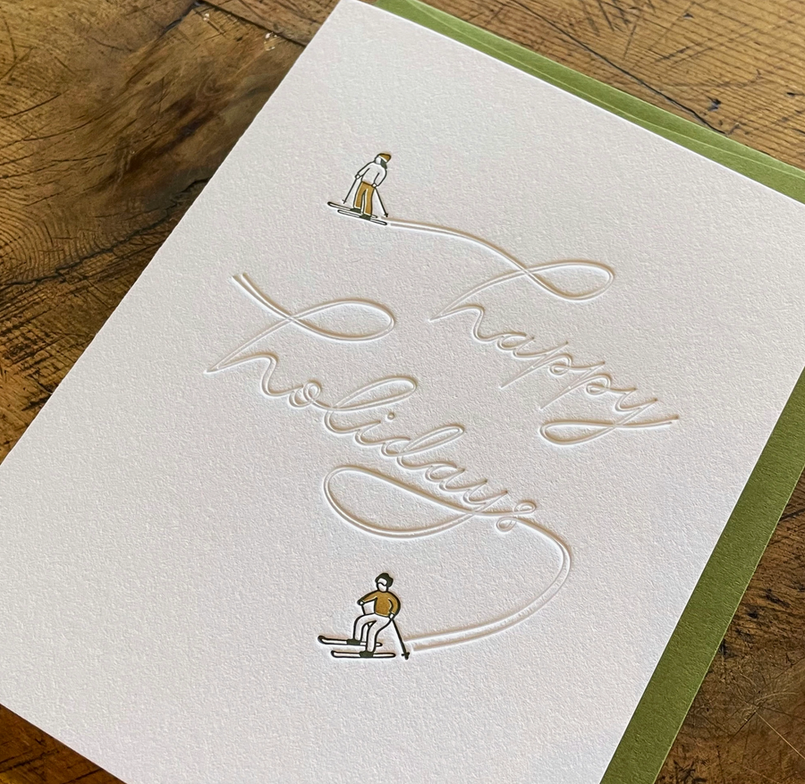 Happy Holidays Skiers Letterpress Card