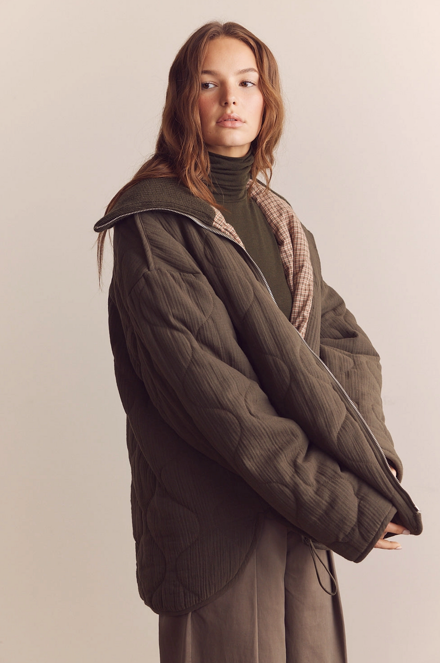 High Neck Rib Collar Cotton Quilt Jacket